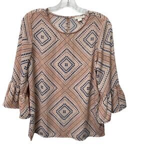 Finn & Grace Womens Small Pink Light Blue Pattern Flare Flowy 3/4 Sleeve Blouse